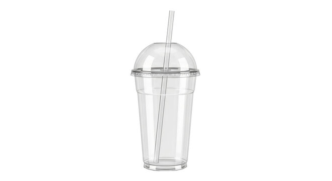 Isolated clear plastic cup with dome lid and straw, recyclable container for drink takeout