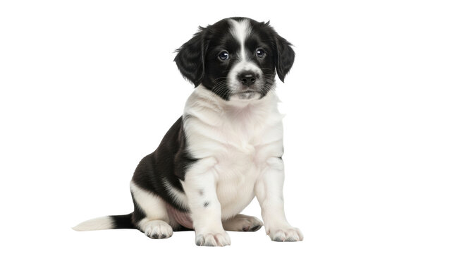 Isolated young puppy sitting attentively looking cute indoors pet adoption waiting concept
