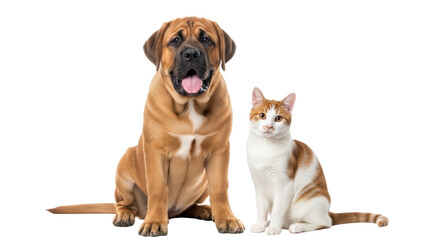 Isolated large dog and orange tabby cat sit next to each other on a neutral background