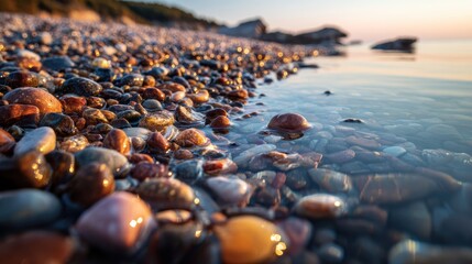 Obraz premium Polished Pebbles at Waters Edge - Golden Hour Light on a Rocky Beach, Serene Coastal Scene.