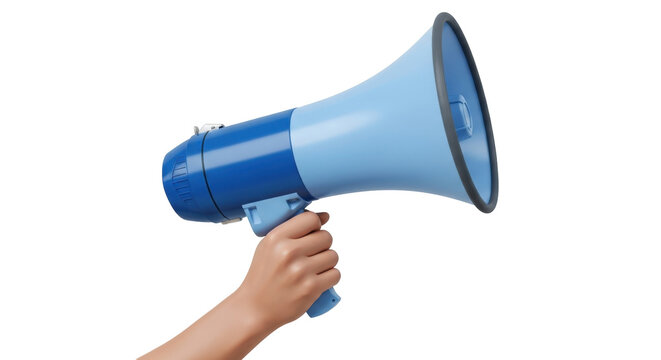 Isolated person holding blue megaphone to give important communication for people