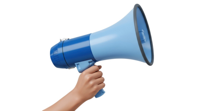 Isolated person holding blue megaphone to give important communication for people
