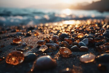 Obraz premium Golden Hour Beach Pebbles Reflecting Sunlit Ocean Waves, Serene Coastal Serenity.