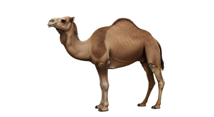 Isolated dromedary camel stands alone, desert animal with one hump, beautiful tan