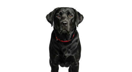 Isolated black Labrador Retriever with red collar in a studio environment, portrait view