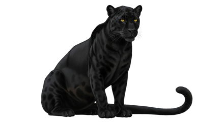 Isolated, Sitting Panther Predator, Dark Cat with Yellow Eyes, Big and Fierce Feline Beast