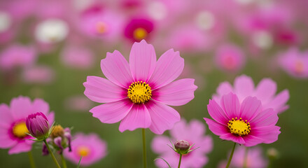 Obraz premium Close-up of pink cosmos flowers in a field Keywords: flowers, pink, cosmos, nature, garden