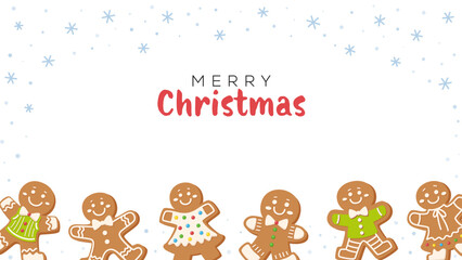 Christmas background with gingerbread men, snow and festive decoration. Cute holiday border illustration for winter celebration, posters, invitations, banners and greeting card.