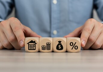Naklejka premium A person arranges wooden blocks with financial icons on a table, symbolizing investment and savings concepts.