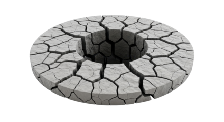 A cracked, dry, gray, circular structure with a dark hole in the center, isolated on a white background.