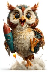 Fototapeta premium 3D cartoon owl with firework rocket isolated on white background