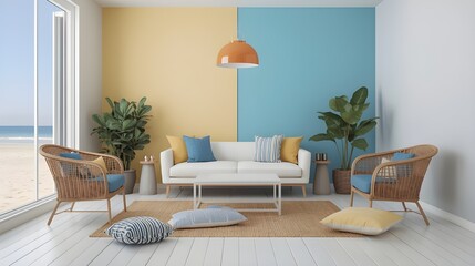 Colorful Coastal Living Room with Bright Accents and Modern Decor
