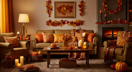 Warm Autumn Living Room with Cozy Decor, Pumpkin Accents, and Soft Golden Lighting