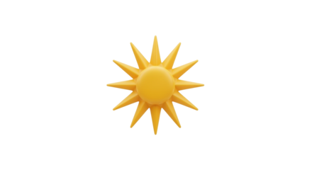 Isolated 3D rendering of a yellow sun, cartoon sun summer sunburst on clean backdrop
