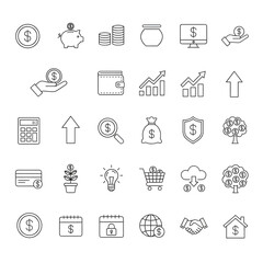 Vector financial icons bundle: monochrome glyphs of cash, wallet, piggy bank, bank card, savings, bar chart, payments, banking operations, and financial management symbols for digital and print use.