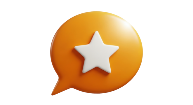 Isolated Orange Speech Bubble with Star Icon, 3D Illustration, Customer Reviews, Feedback