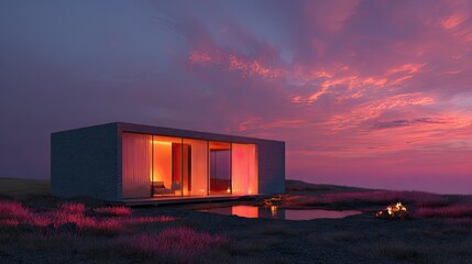Obraz premium Modern minimal house reflecting colorful sunset sky