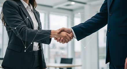 Successful business deal handshake connecting global team members in modern office with digital network overlay for partnership opportunities