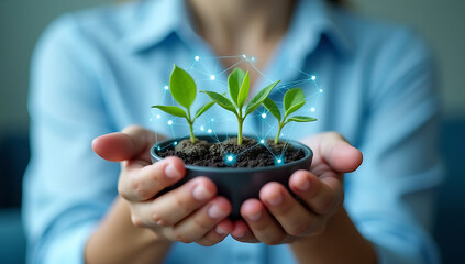 Woman holding a pot with three small plants, symbolizing growth, sustainability, and environmental awareness