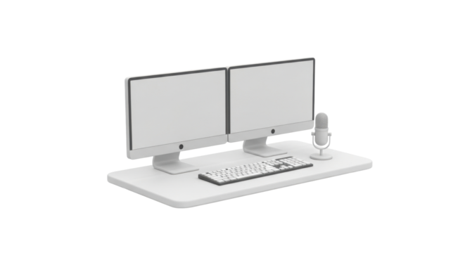 Minimalist workstation setup featuring dual monitors, keyboard, and microphone on a white surface.