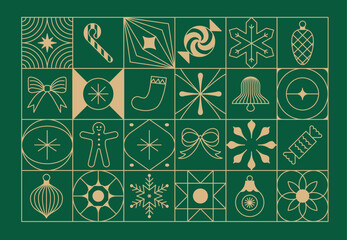 Vector Christmas and New Year design templates for advent calendars, greeting cards, packaging, prints, banners, and minimal graphics in a linear style