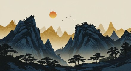 Ink-wash mountain landscape wallpaper — serene oriental mural with rising sun.