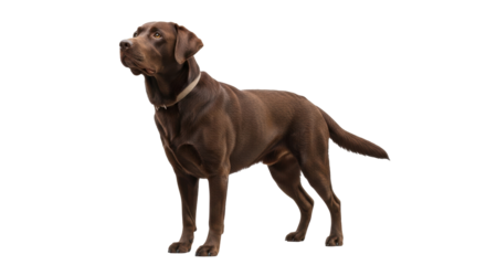 Isolated chocolate Labrador Retriever posing attentively looking up; beautiful dog