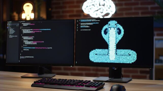 Illuminated Brain Neon Light Two Monitors Displaying Computer Code on Wooden Desk