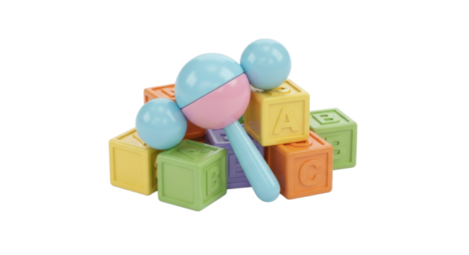 Still life of a pastel-colored baby rattle resting on a stack of colorful alphabet blocks against a white background.