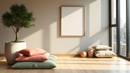 Bright interior with a blank frame on the wall, a potted plant, and pillows near a window with city view