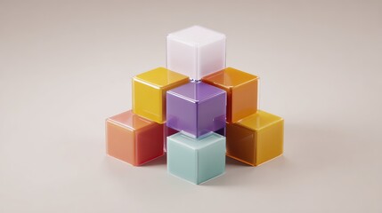 Colorful glossy reflective cubes forming abstract pyramid structure