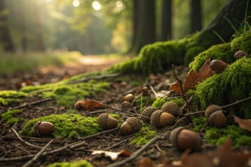 Acorns scattered on the forest floor,
