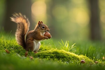 Obraz premium Squirrel holding an acorn in its paws,