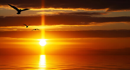 Silhouettes of birds flying over a vibrant ocean sunset