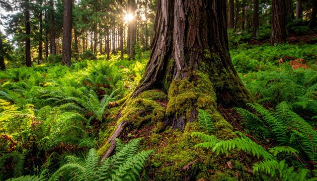 Large ferns and moss growing around the base of a solitary tree trunk - Powered by Adobe