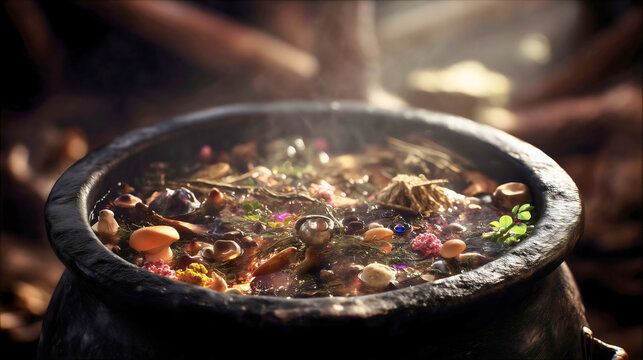 A bubbling and steaming cauldron for a witch's brew, a close-up of a magic potion with herbs and mushrooms, a concept of witchcraft, potion-making, and fantasy alchemy.