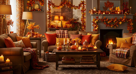 Warmth and Comfort Fill a Cozy Living Room Adorned with Fall Colors and Decor