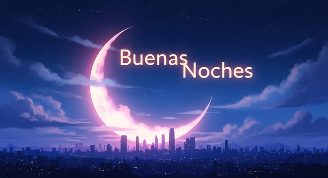 Buenas noches text glows above city skyline under crescent moon, creating a peaceful and dreamy nighttime scene.