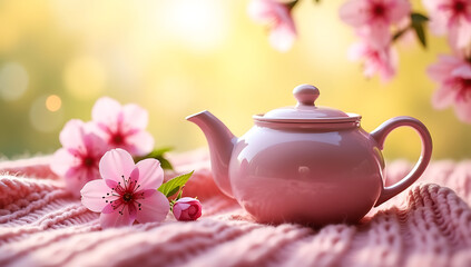 Closeup of a pink teapot and flowers on a knitted blanket in a garden with a blurred background
