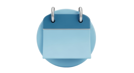 Isolated blue calendar icon with shadow, 3D rendering of date organizer reminder