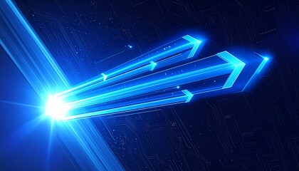 Dynamic blue arrows representing data flow, speed, and technological advancement.