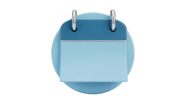 Isolated blue calendar icon with shadow, 3D rendering of date organizer reminder