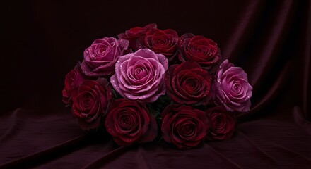 Dark rose bouquet with dew drops on a velvet background