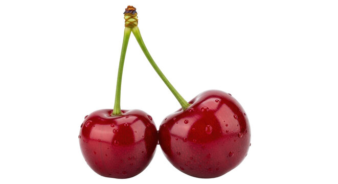 Isolated Two cherries red, juicy, fresh, ripe, with stems and water droplets close up