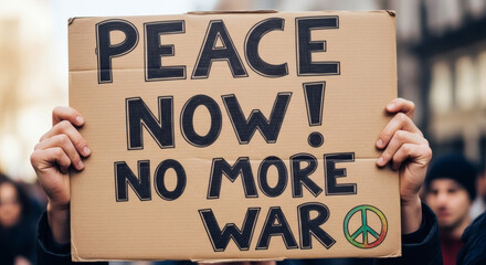 Person holding a sign that says peace now no more war in a protest