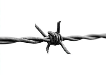 Close-up of a barbed wire knot against a white background.  Sharp, twisted metal strands form a dangerous barrier