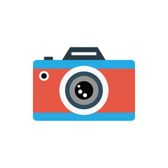 Flat design camera icon in red and blue with lens detail. Simple vector illustration symbolizing photography, picture, snapshot, capture, and creative visual art for media, travel, and digital project