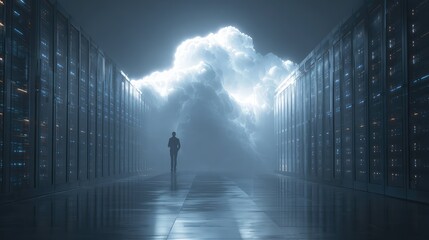 Man walking through data center to cloud computing