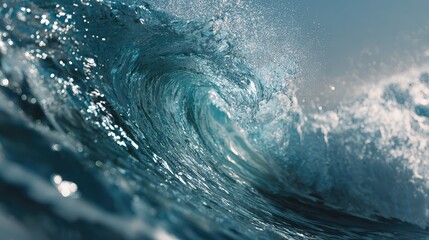 Powerful ocean wave breaking with clear blue water
