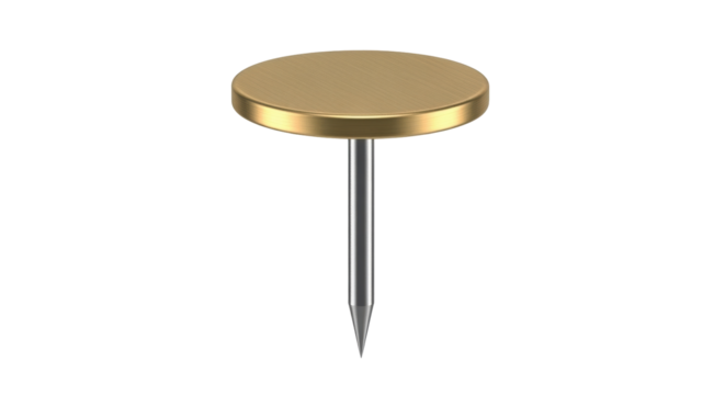 Isolated Gold Push Pin Tack with Metal Point, Close-up Illustration on Neutral Background